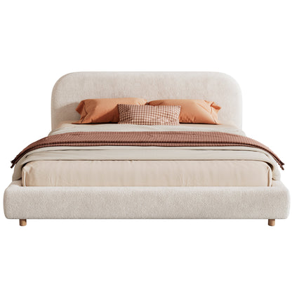 California King Size Upholstered Bed with Boucle Fabric and Curved Headboard