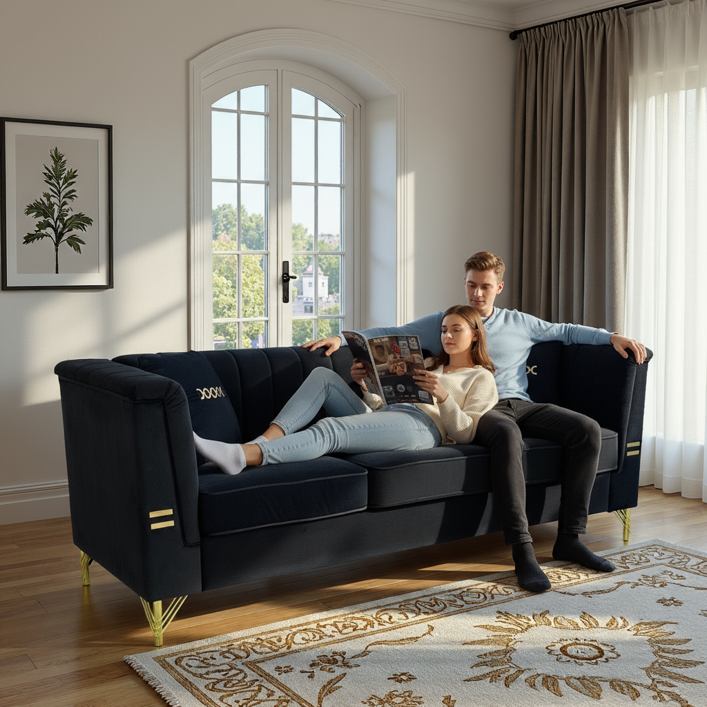 FX-P82-BK2 Modern Velvet 3-Seater Sofa with 2 Pillows