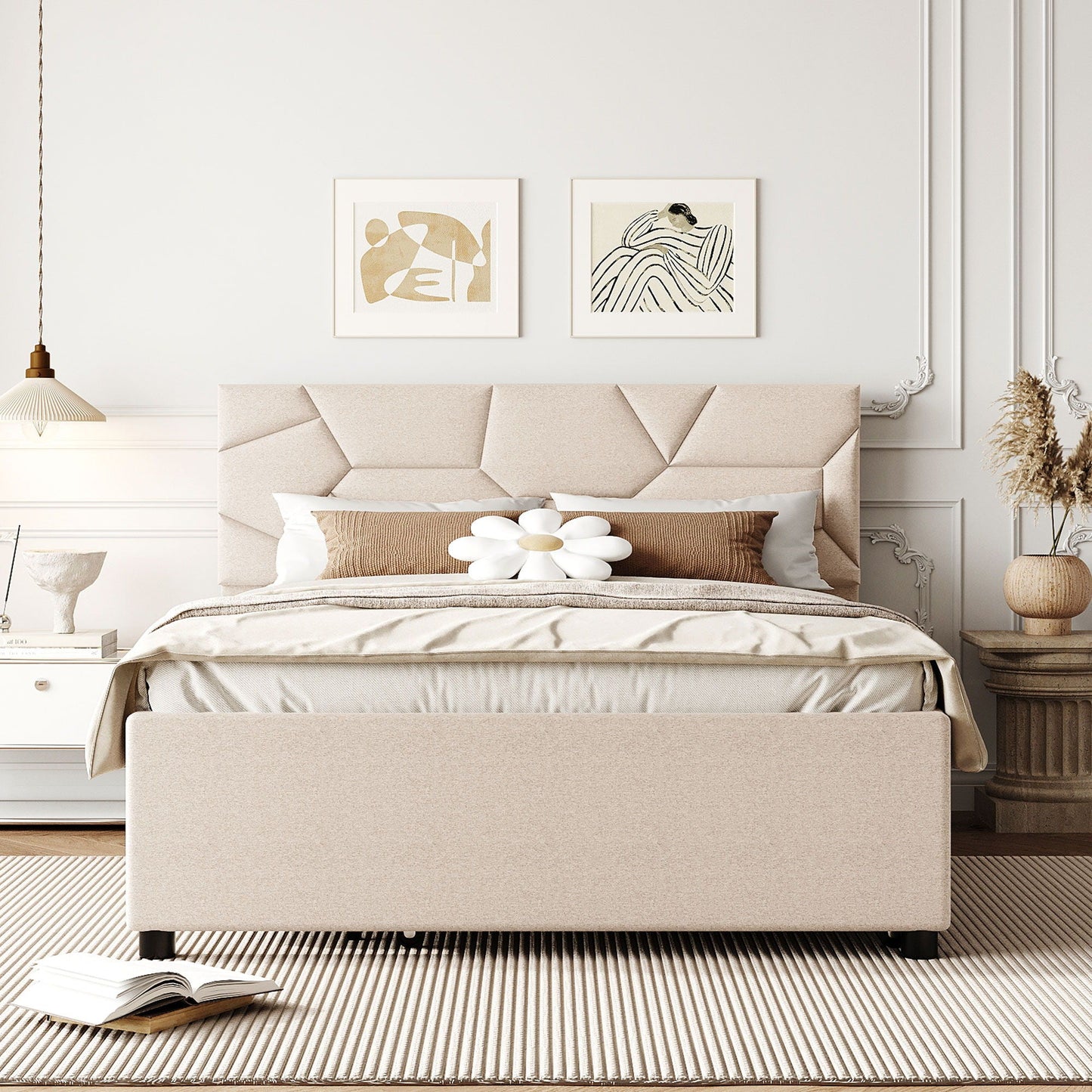 Upholstered Platform Bed With Brick Pattern Headboard And Twin Long Size Trundle