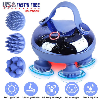 Electric Scalp Massager Rechargeable Head Mssager IPX7 Waterproof Dog Cat Massager with Red Light 3 Modes 3 Types of Massage Claws for Men Women Elder