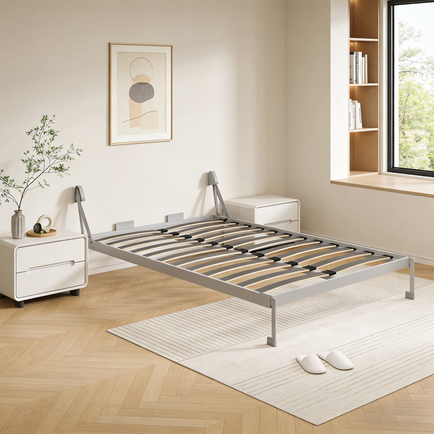 Queen Size Vertical Murphy Wall Cabinet Folding Bed With Automatic Legs - Gray