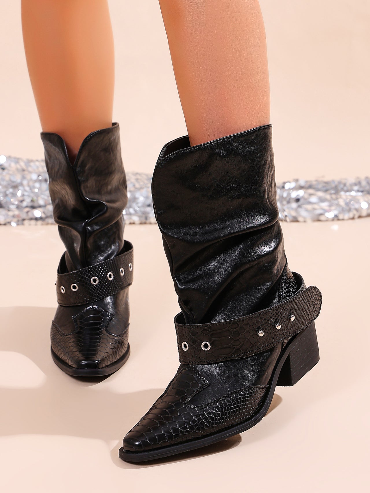 Women Stylish Ruched Western Cowboy Ankle Boots, 2026 Spring Summer Hit Style Black Slim Fit Pointed Toe Block Heel Knight Short Boots