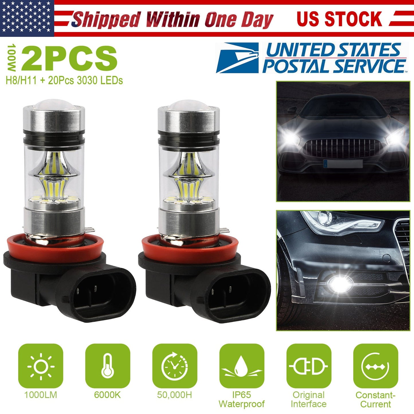 2PCS 1000lm 100W H8/H9/H11 LED Fog DRL Light Bulb IP65 Water-Resistant 360¡ Beam Angle 6000K White