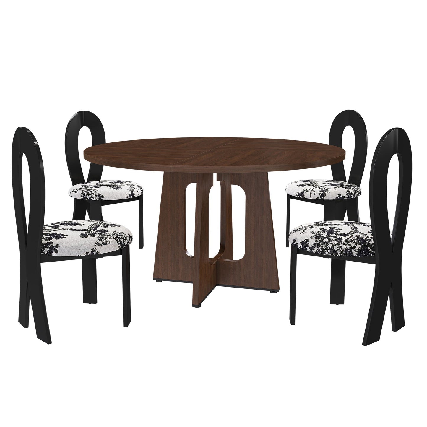 Round Dining Table For 4 With 4 Upholstered Chairs - Walnut / Black