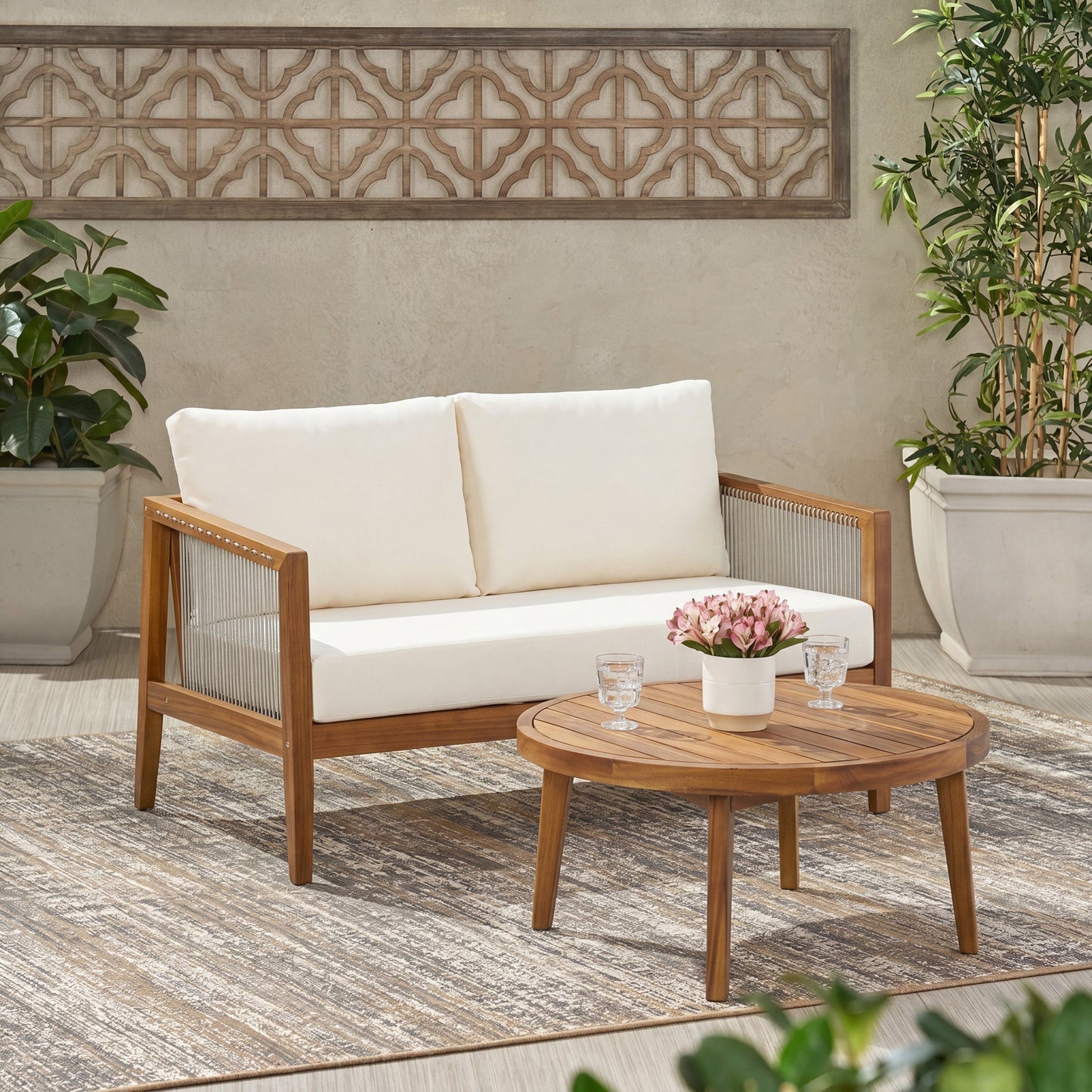 Outdoor Loveseat and Coffee Table Set, Acacia Wood Frame with Rope Detail