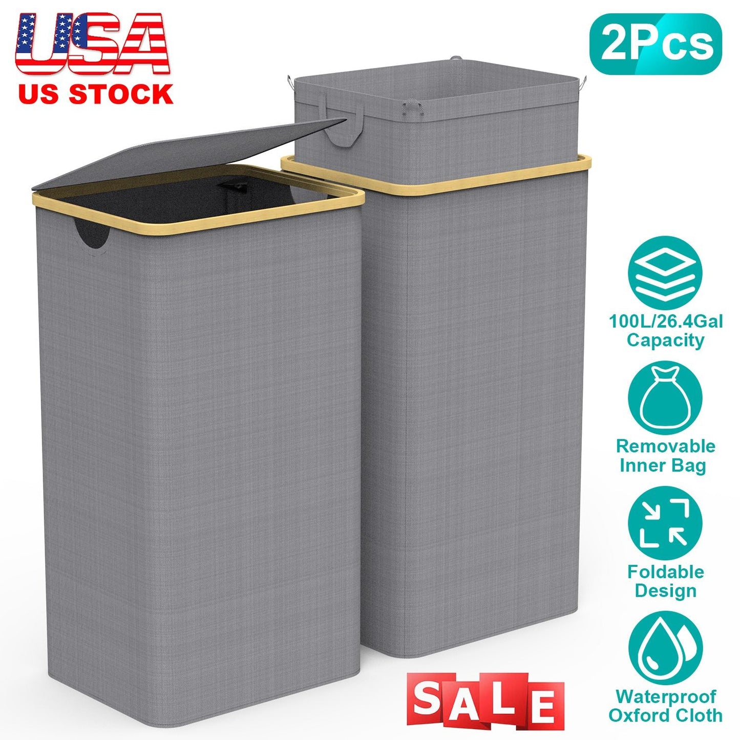 2Pcs Collapsible Laundry Hamper with Lid Handle 100L/26.4Gal Capacity Vertical Laundry Basket Foldable Bamboo Basket Dirty Clothes Organizer with Inne