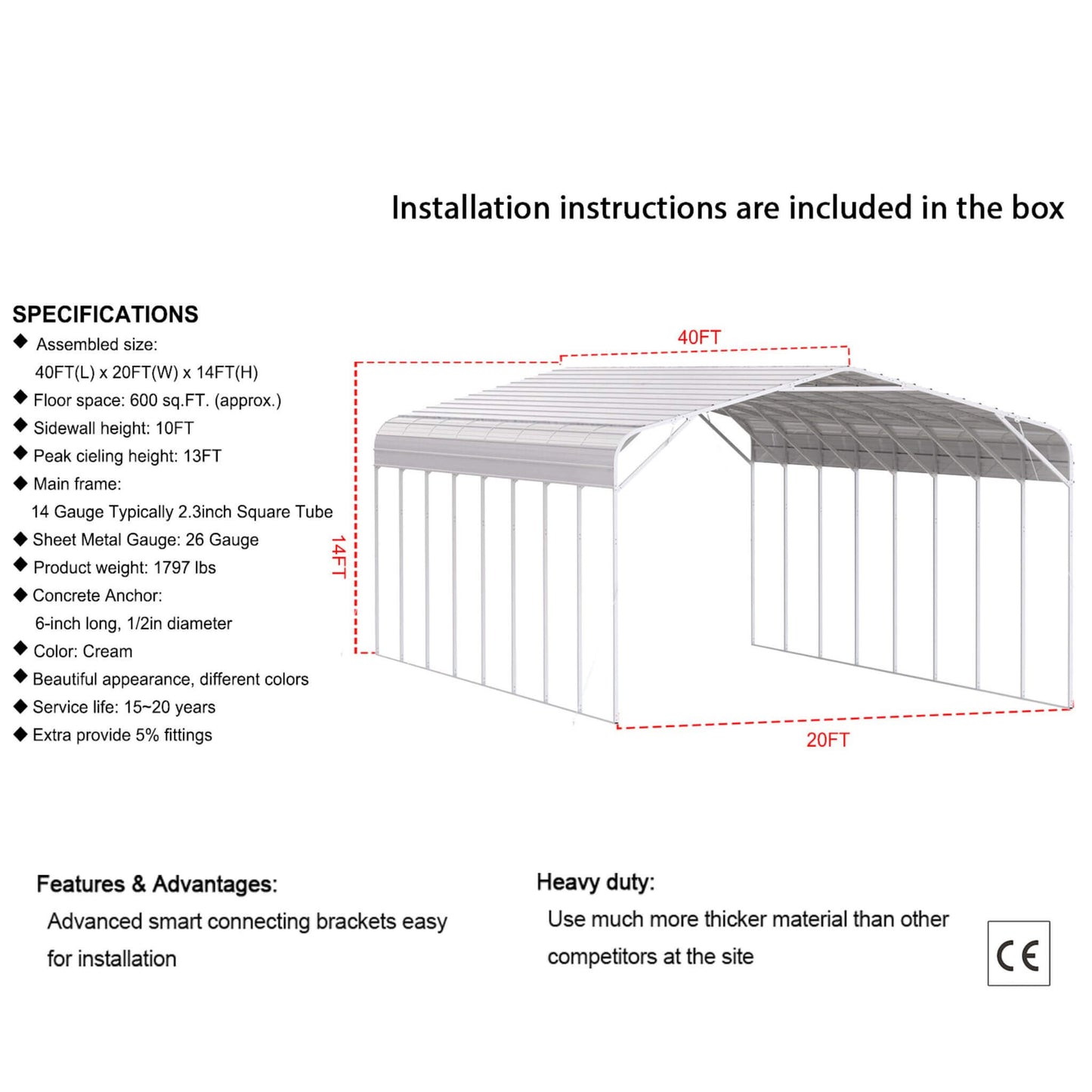 [20X40FT] Alora Heavy-Duty Outdoor High-Clearance Metal Carport (SAK67509)