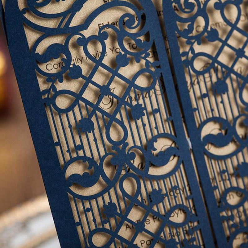 Personalized Navy Blue Laser Cut Wedding Invitation | Custom Tri-Fold Elegant Floral Gate Design Cards for Weddings, Quinceañeras & Special Events