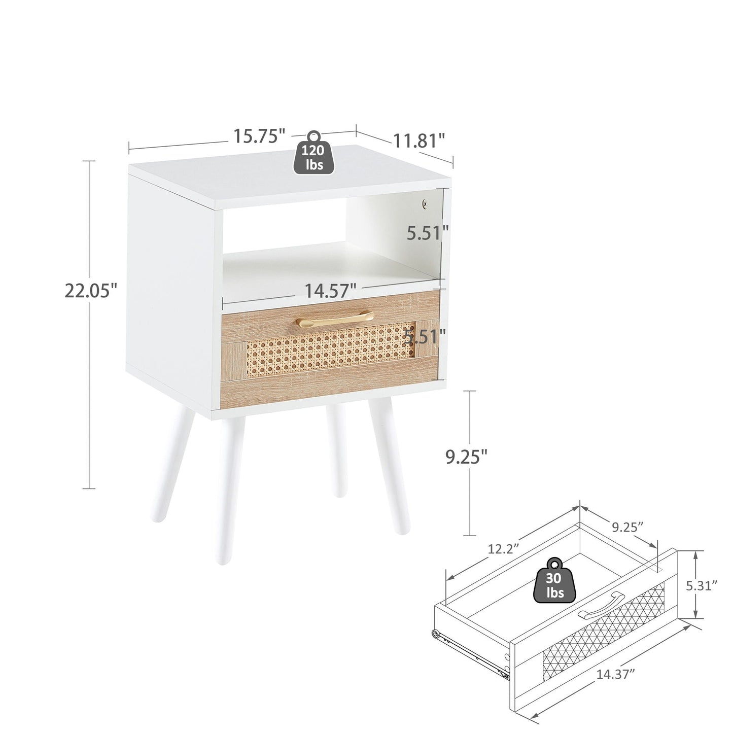15.75" Rattan End Table With Drawer And Solid Wood Legs, Modern Nightstand, Side Table For Living Room, Bedroom