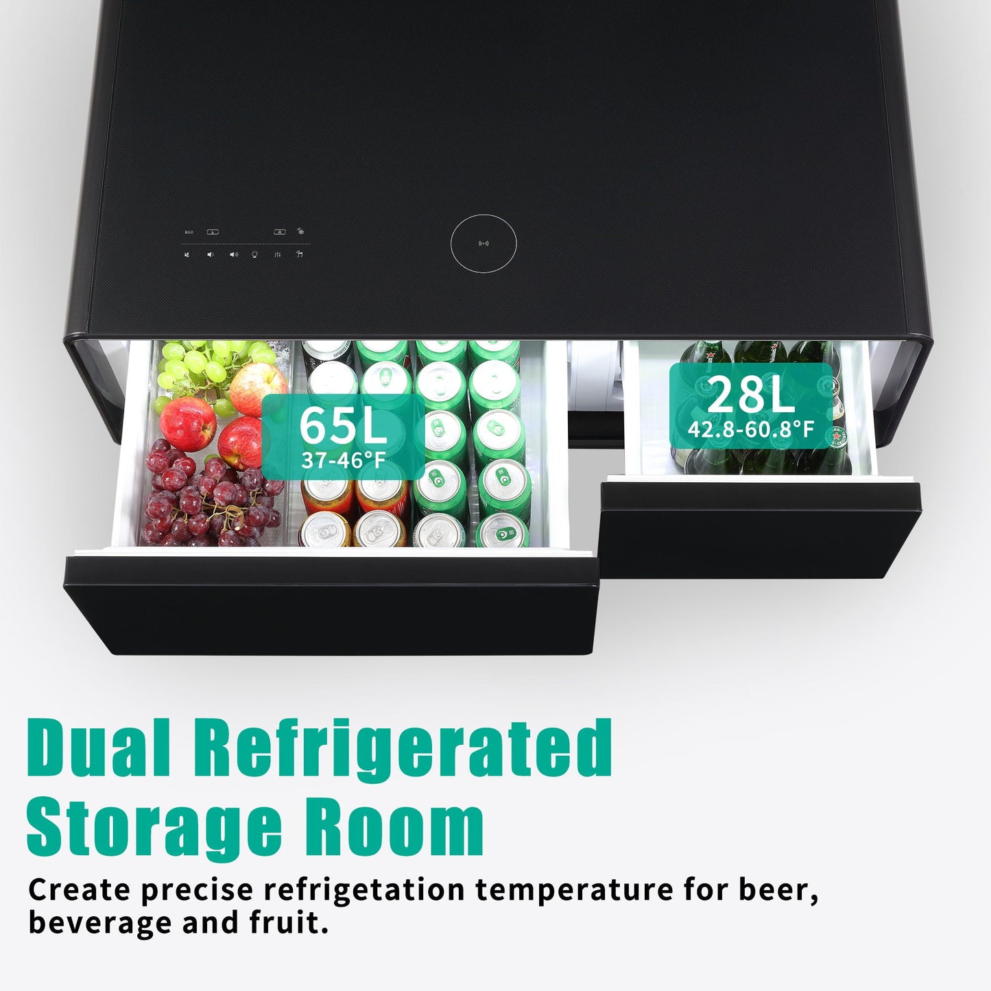 Modern Smart Coffee Table With Built-In Fridge - tooth Speaker, Wireless Charging, Touch Control Panel, USB Interface, Outlet Protection, Atmosphere Light