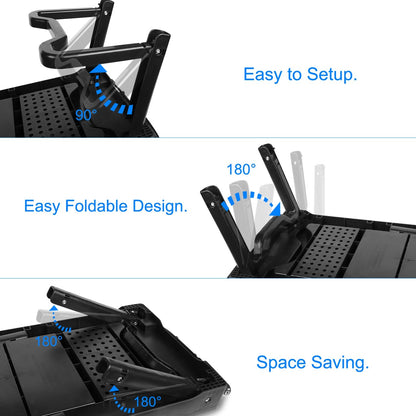 Foldable Laptop Table Bed Notebook Desk w/Cooling Fan Mouse Board LED light 4 x USB Ports Breakfast Snacking Tray with Storage Groove For Home Office
