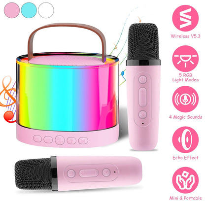 Mini Karaoke Machine With 2 Wireless Microphones Portable Karaoke Set for Kids Adults with RGB Lights Magic Sounds Echo Effect Gift for Boys Girls