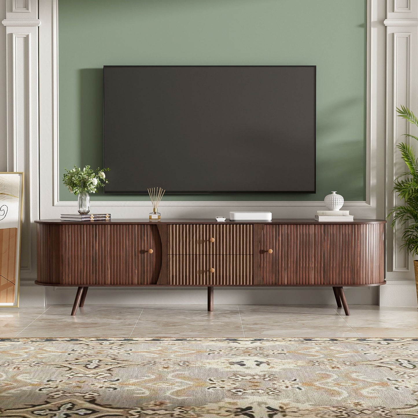 70" TV Stand With Tambour Doors And Fluted Drawers - Dark Brown