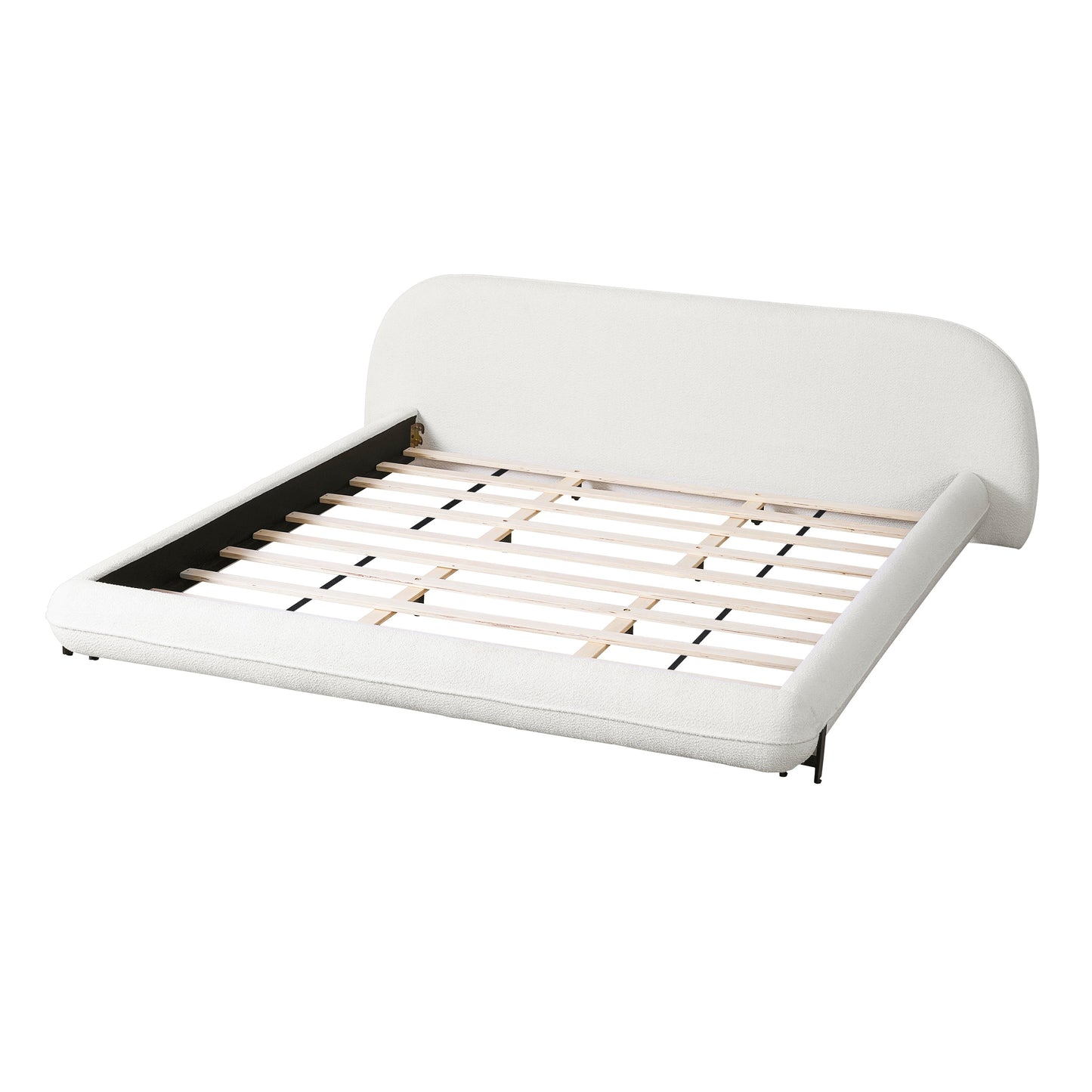 California King Size Bed Frame with Boucle Fabric and Thick Headboard