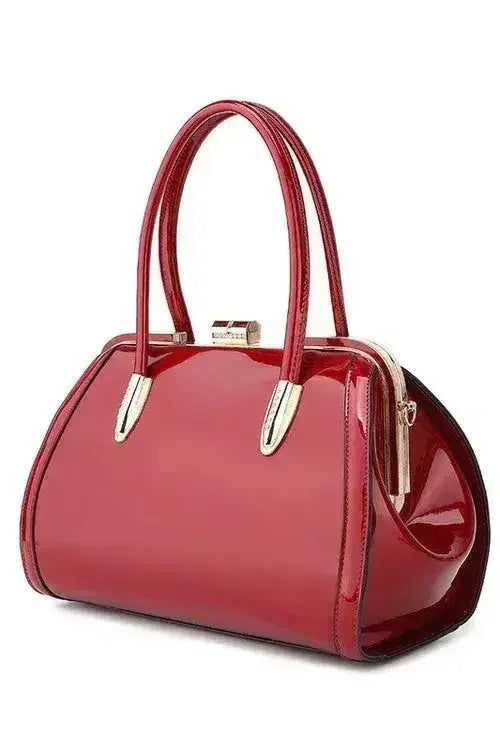Patent Satchel Handbag - Gold Accent Faux Leather Bag | Femstylo