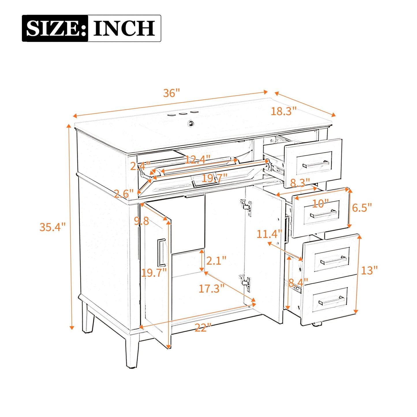 Bathroom Vanity With Ceramic Sink, Soft-Close Doors, 4 Storage Drawers - Blue