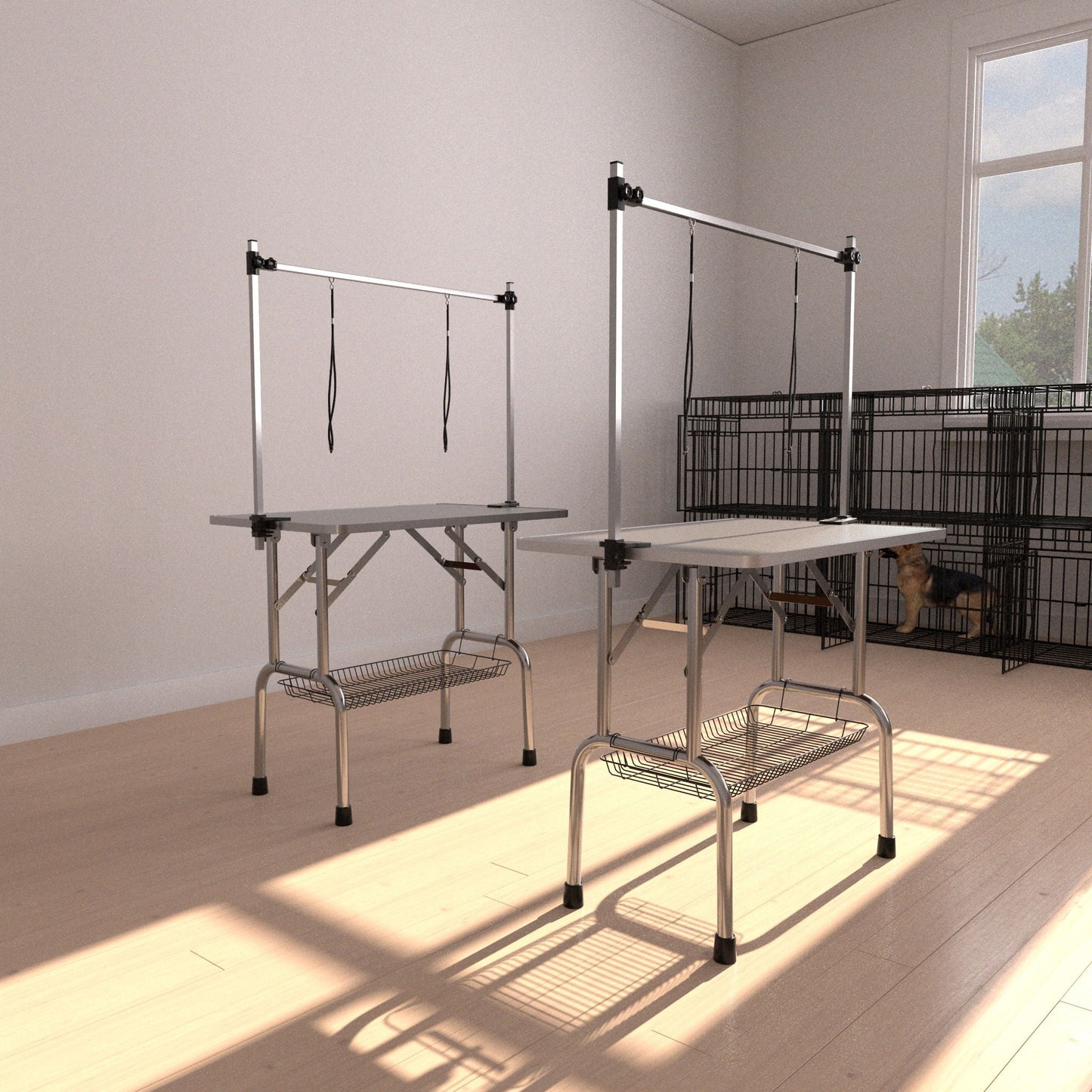 Folding Dog Pet Grooming Table Stainless Steel Frame Rubber Mat On Board With Adjustable Arm And Clamps Pet Dog Cat Grooming Table