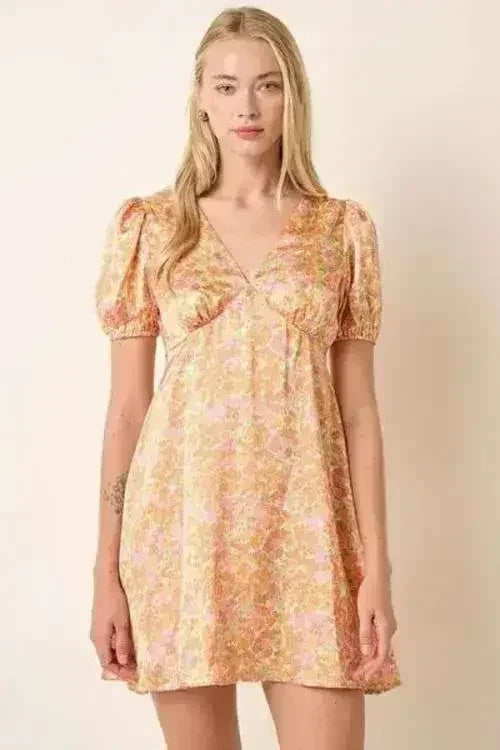Printed Puff Sleeve Mini Dress - Trendy V-Neck Style | Femstylo