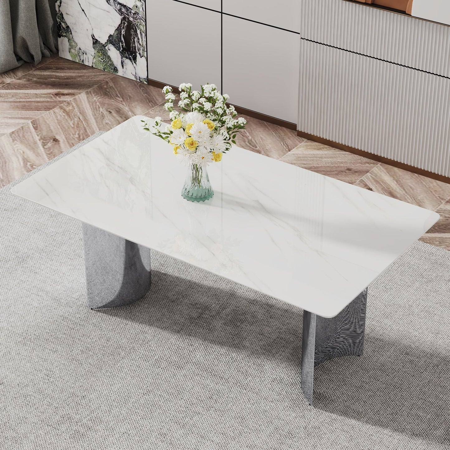 Modern Minimalist Dining Table with Imitation Marble Glass Top and Metal Legs