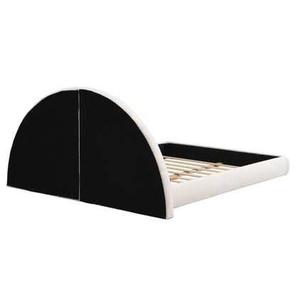 Queen Arched Bed With Small Table, Floor Standing Design - Beige