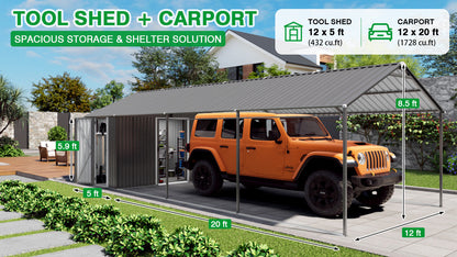 12x25 FT Galvanized Steel Carport with Shelter and Shed