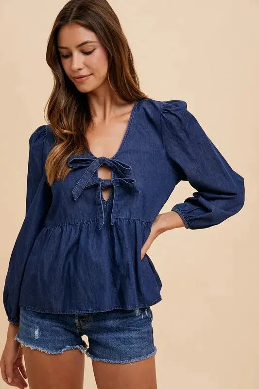 Women's Denim Peplum Top Denim Peplum Top - Navy Blue - Annie Wear Style