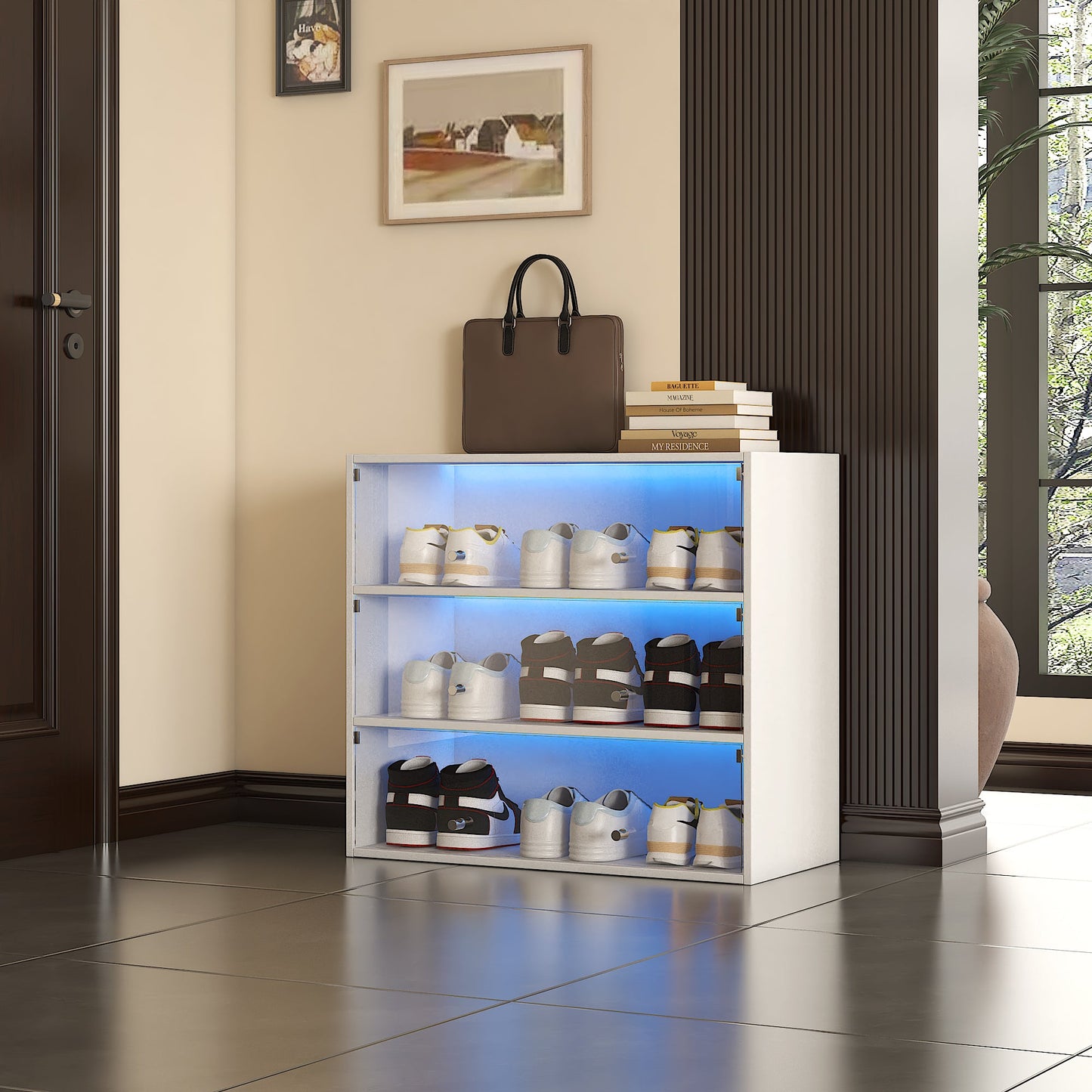 White Glass Door Shoe Storage Cabinet with RGB LED Light