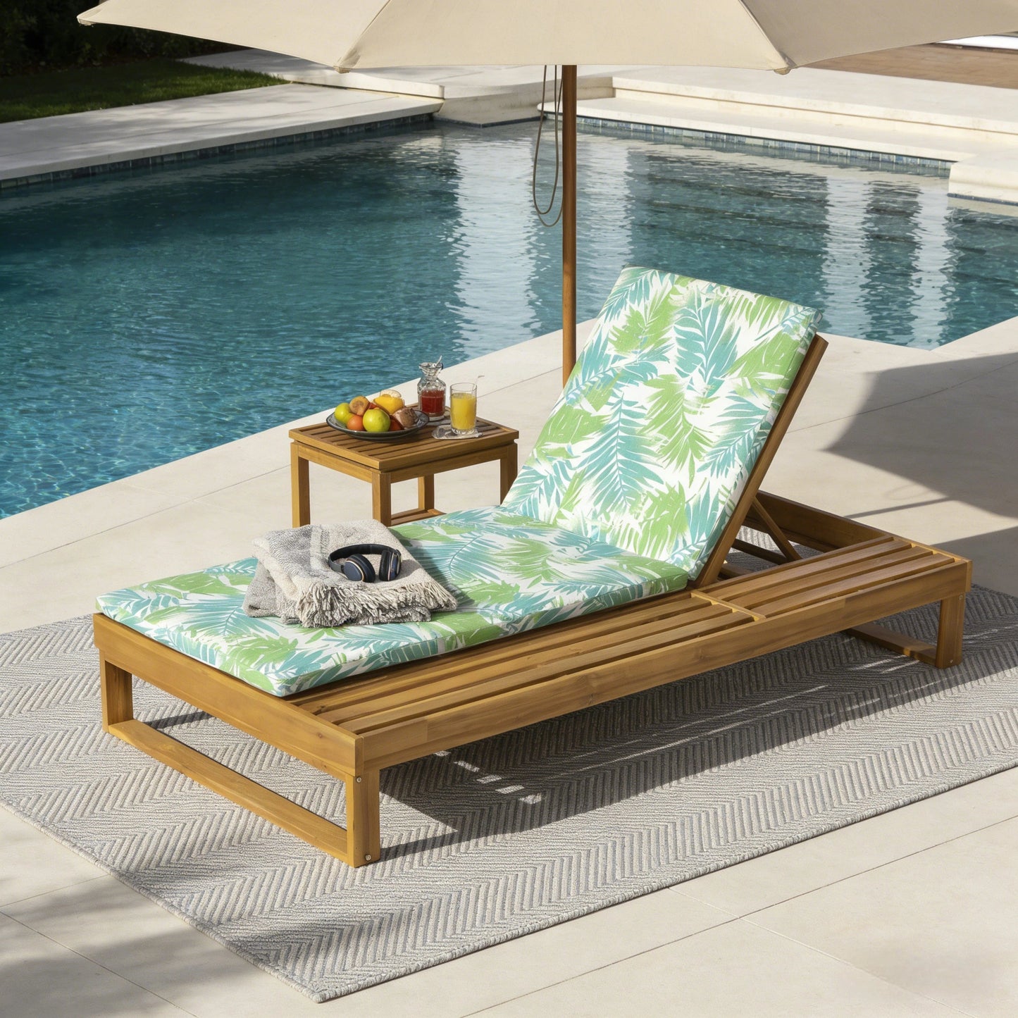 Teak Finish Acacia Wood Chaise Lounge with Leaf Coconut Cushion