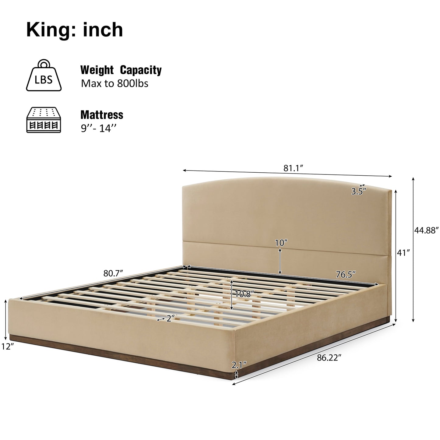King Size Upholstered Bed Frame With Velvet Fabric Thick Headboard, Solid Wood Base, Camel