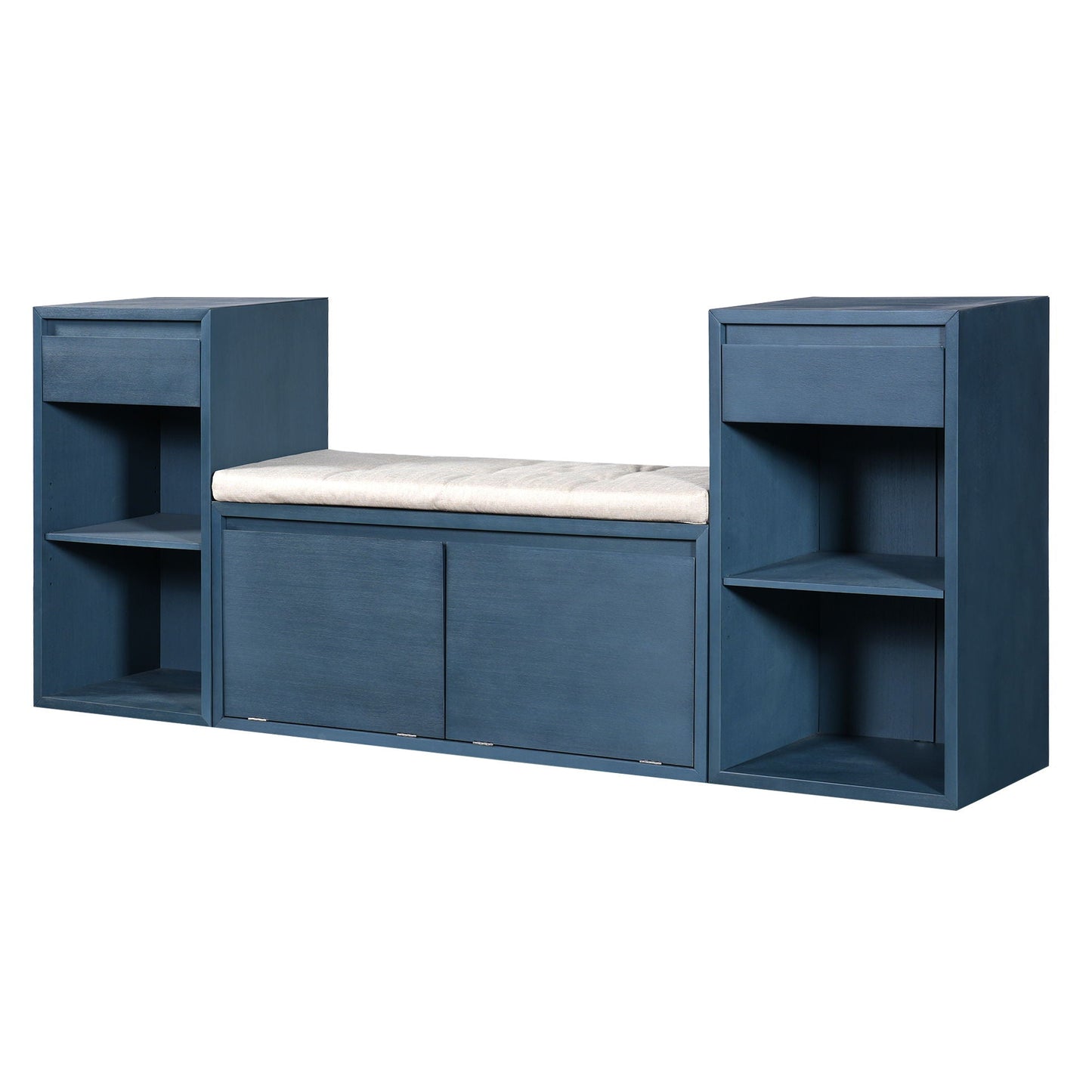 Entryway Storage Bench With Cushion, Drawers & Open Shelves
