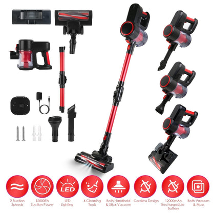 Cordless Vacuum Cleaner Lightweight Handheld Vacuum Upright Stick Floor Vacuum Battery Powered Mop with Lighting 2 Speeds 12000PA Suction 4 Tools Moun