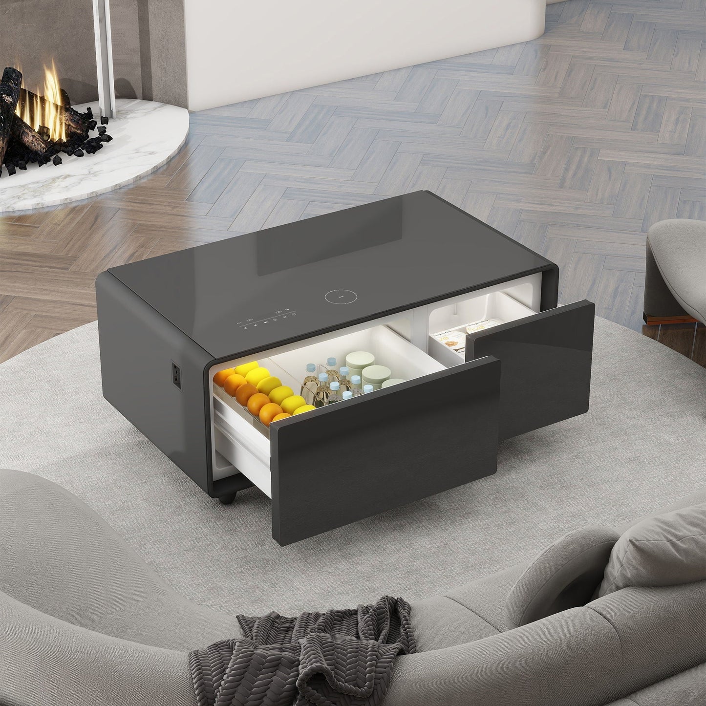 Modern Smart Coffee Table With Built-In Fridge - tooth Speaker, Wireless Charging, Touch Control Panel, USB Interface, Outlet Protection, Atmosphere Light