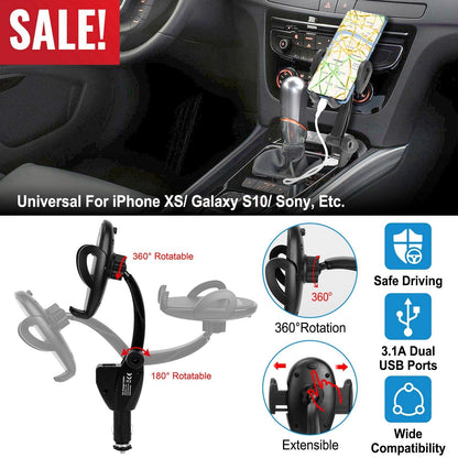 360¡ Rotation Car Phone Mount 3.1A Dual USB Cigarette Lighter Phone Holder Universal