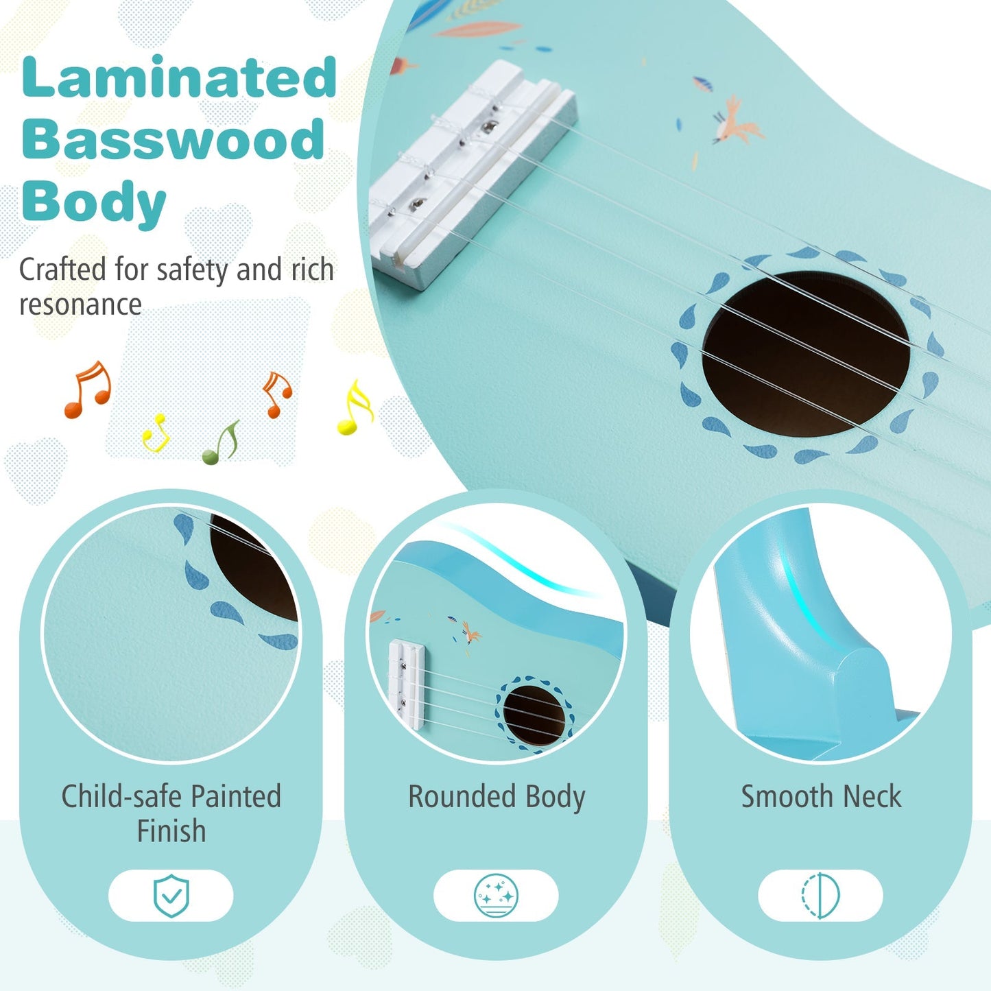 21 Inch Ukulele Guitar for Kids with Basswood Body for 3+ Years Old
