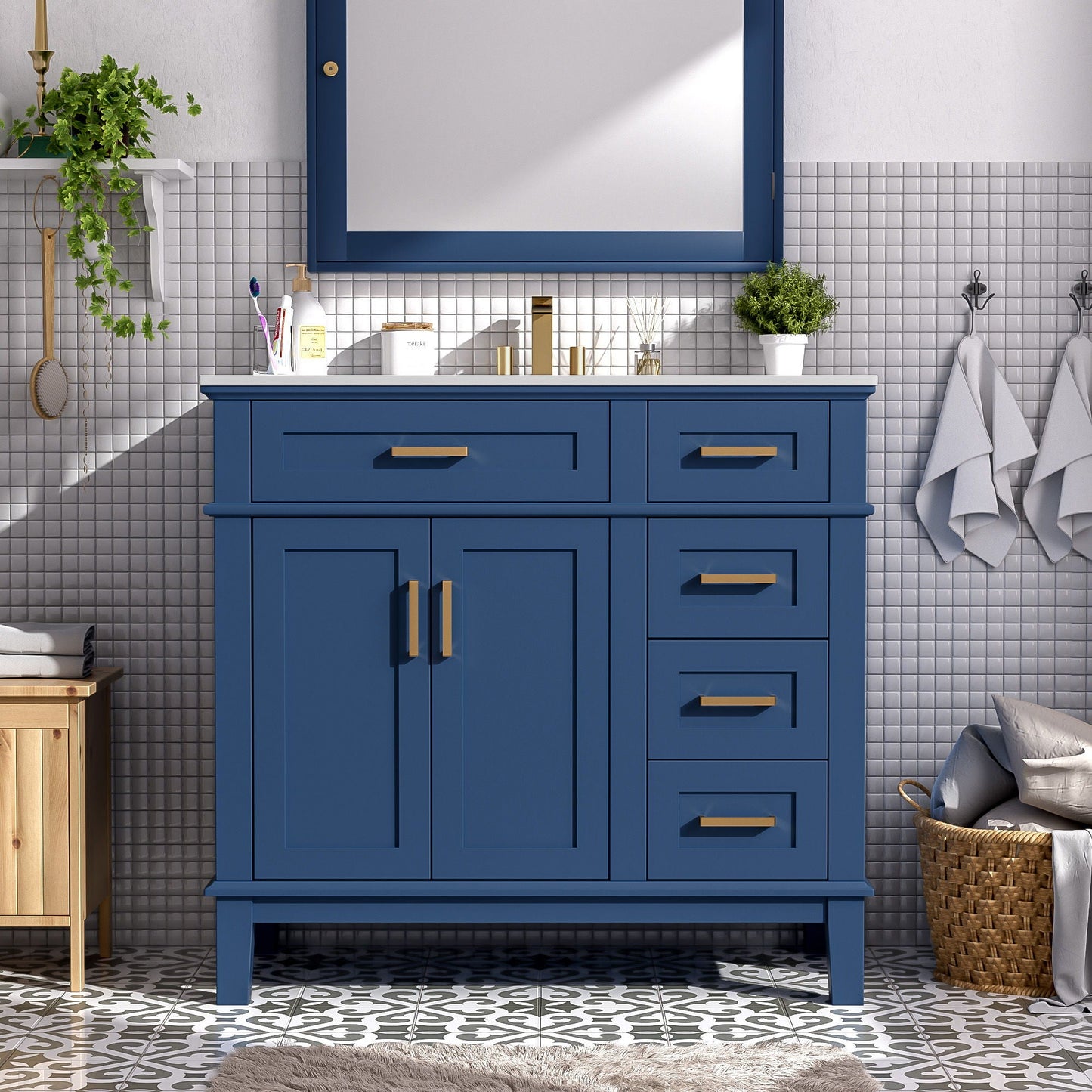 Bathroom Vanity With Ceramic Sink, Soft-Close Doors, 4 Storage Drawers - Blue