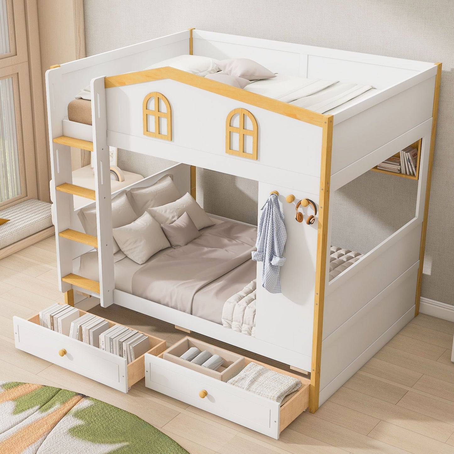Twin Over Twin Bunk Bed With House Shaped Guardrails, Storage Shelves & Drawers - White / Natural