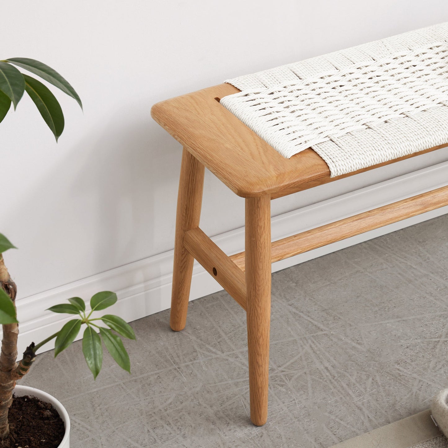 Design Natural Oak Wood Dining Bench with Handwoven Cane Seat in White