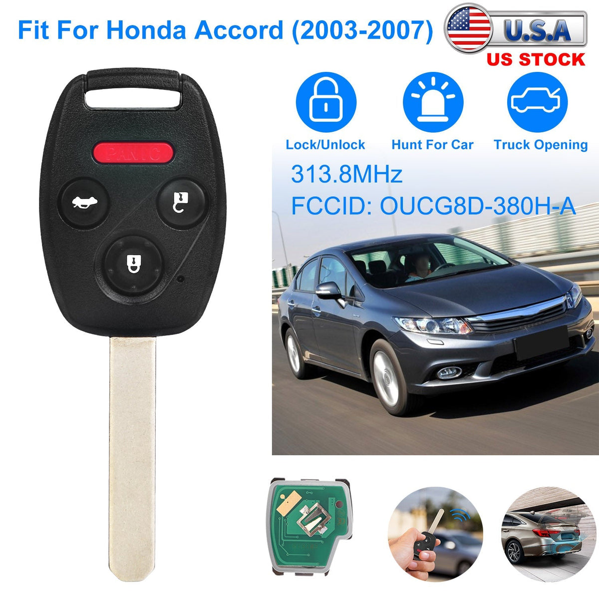 Fit For Honda Accord 2003-2007 Remote Keyless Entry Shell Button Car Key Fob Uncut Key Cover Case OUCG8D-380H-A FCCID 313.8MHz Frequency