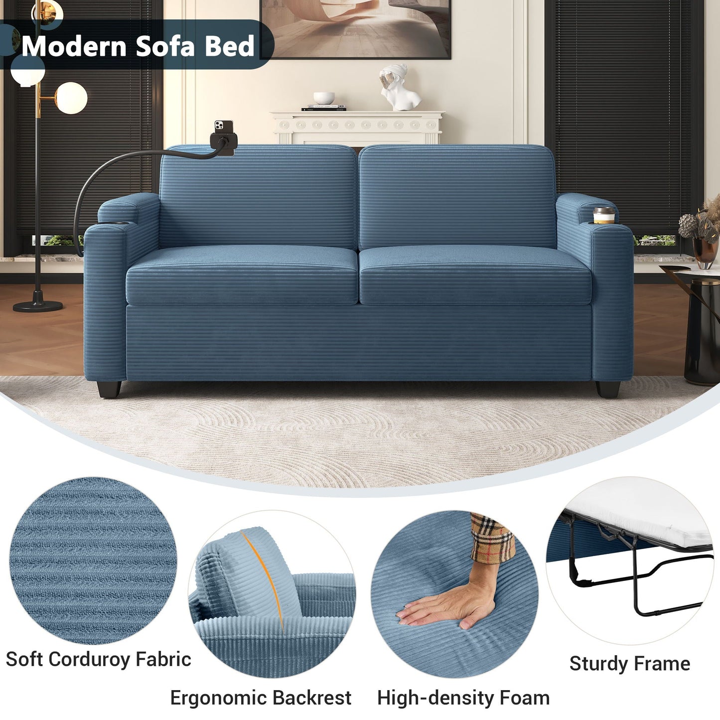 Sleeper Sofa Loveseat Sofa With Full Size Mattress, 2 USB Ports, 2 Cup Holders, 2 Side Pockets And Phone Holder