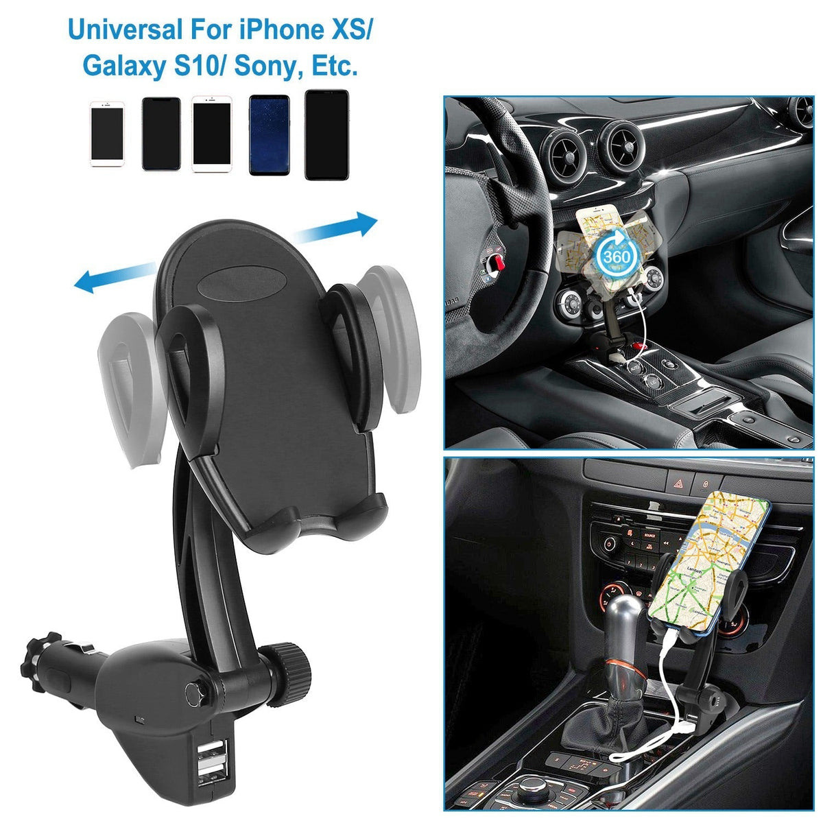 360¡ Rotation Car Phone Mount 3.1A Dual USB Cigarette Lighter Phone Holder Universal