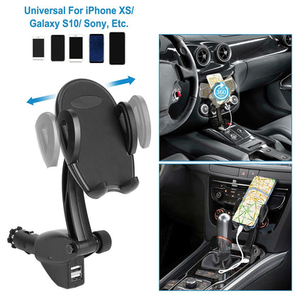 360¡ Rotation Car Phone Mount 3.1A Dual USB Cigarette Lighter Phone Holder Universal