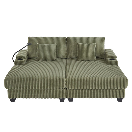 Modern Chaise Sofa With Adjustable Backrest, Cup Holders, Phone Holder & Storage Compartments
