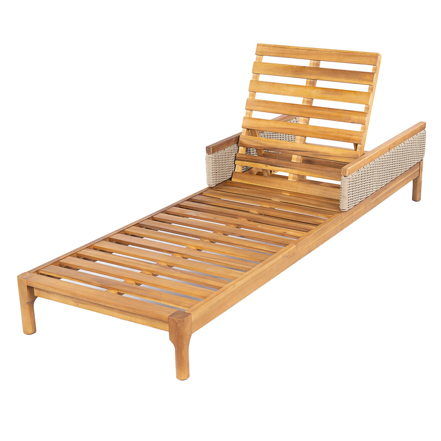 Solid Acacia Wood Sun Lounger with Grey Cushions and Light Grey Wicker