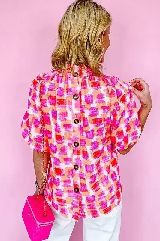 Women Print Button Back Ruffed High Neck Blouse | Femstylo