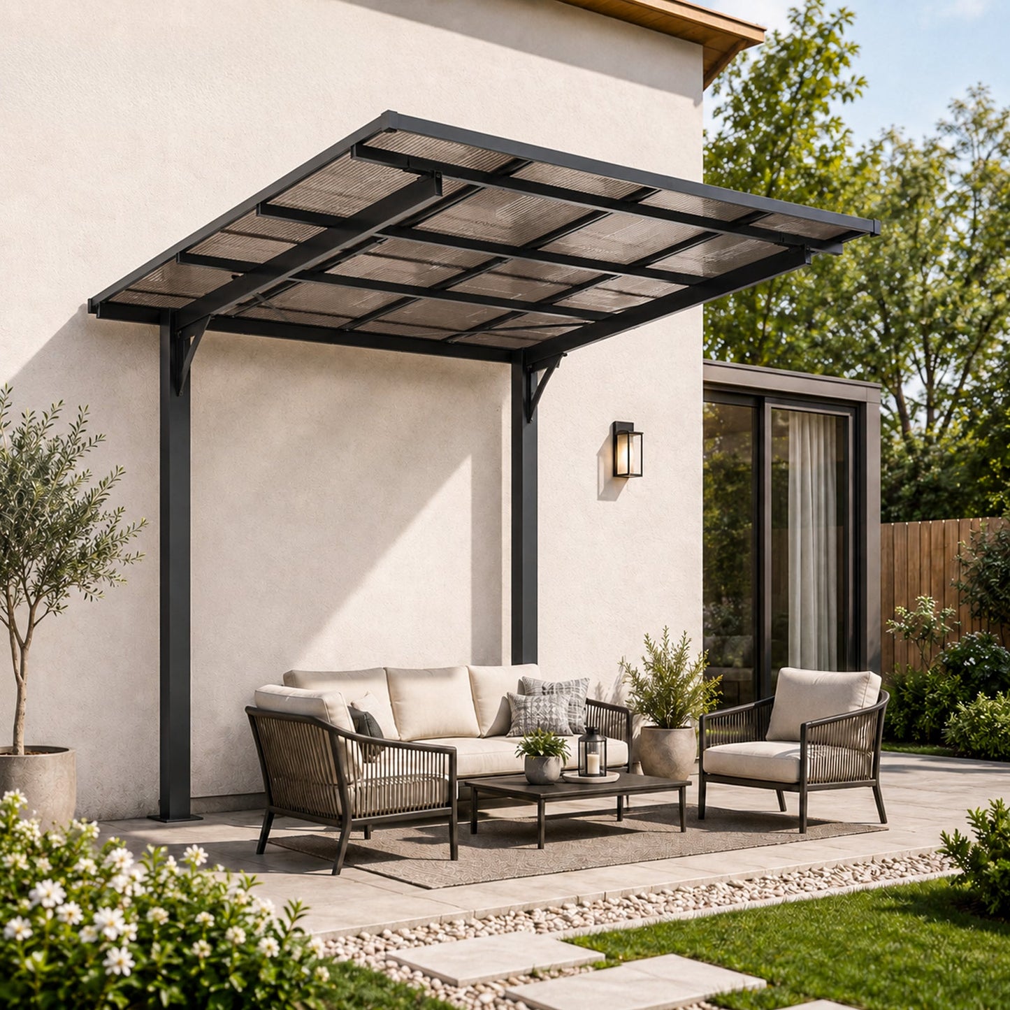 8x8FT Outdoor Carport with Galvanized Steel Frame and Sloped PC Roof