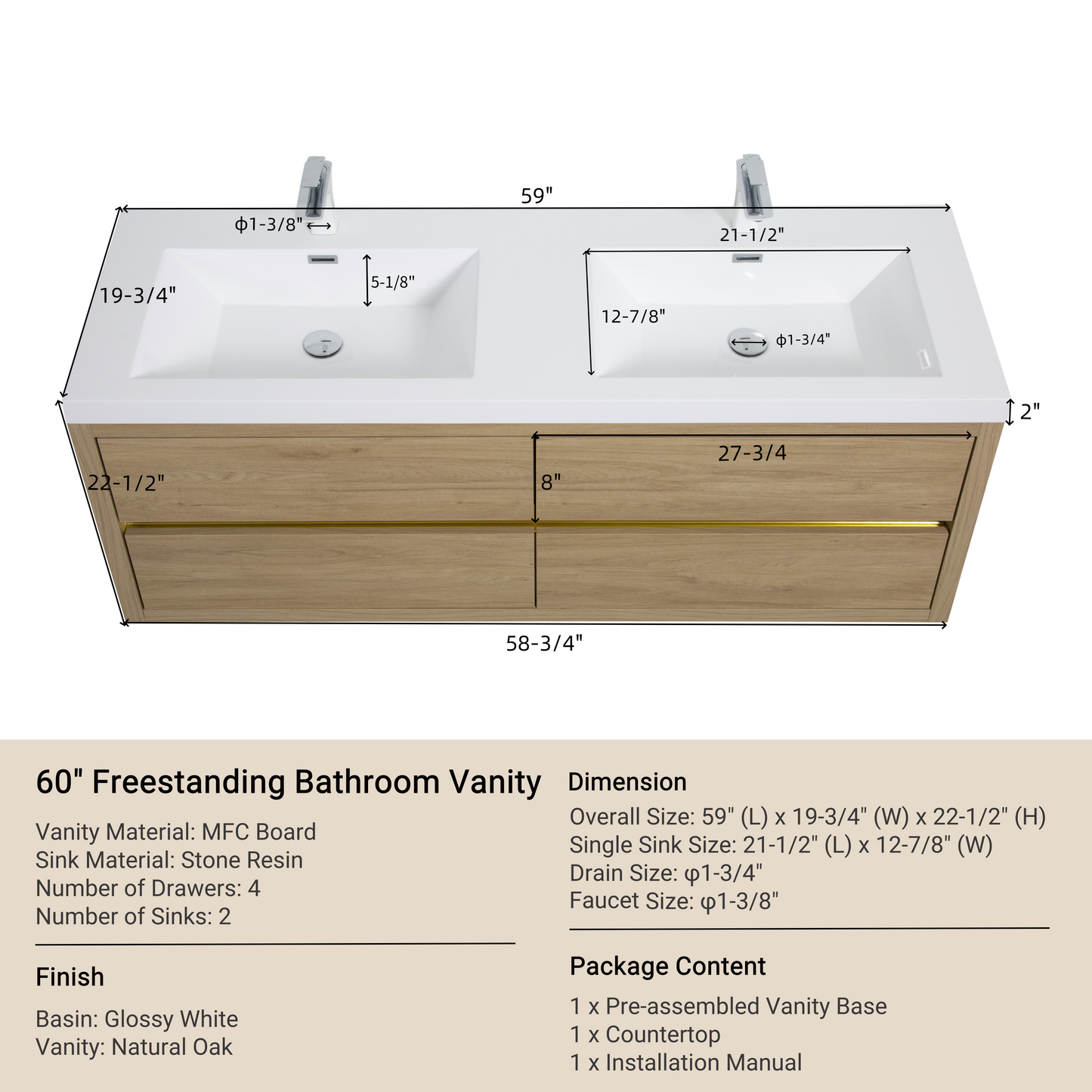 60" Wall-Mounted Bathroom Vanity with Double Sinks