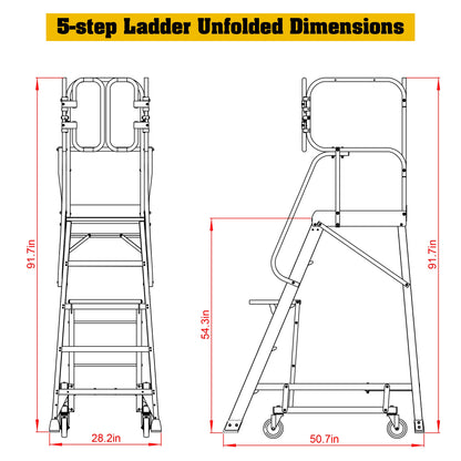 5 Step 375lbs Aluminum Rolling Platform Ladder