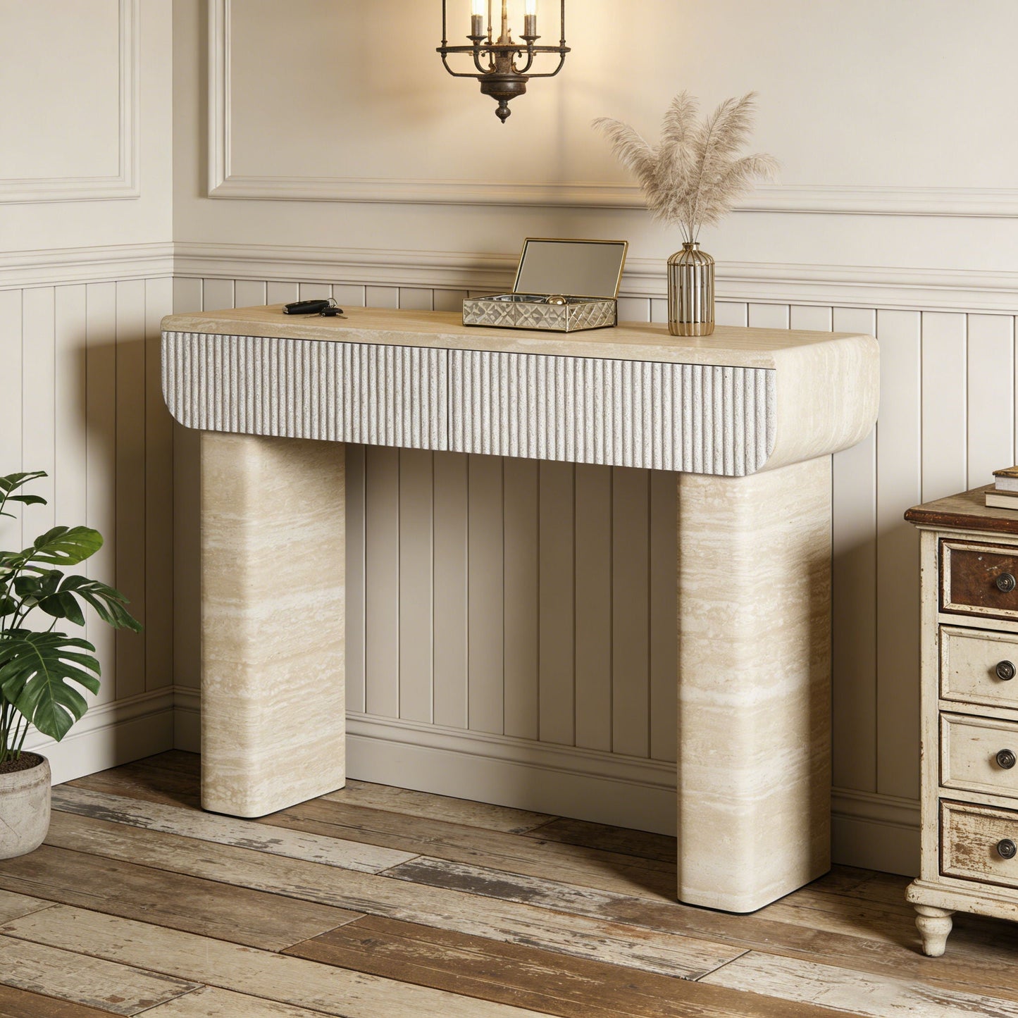 Entryway Table With 2 Hidden Handle Drawers For Entrance - Beige / Yellow
