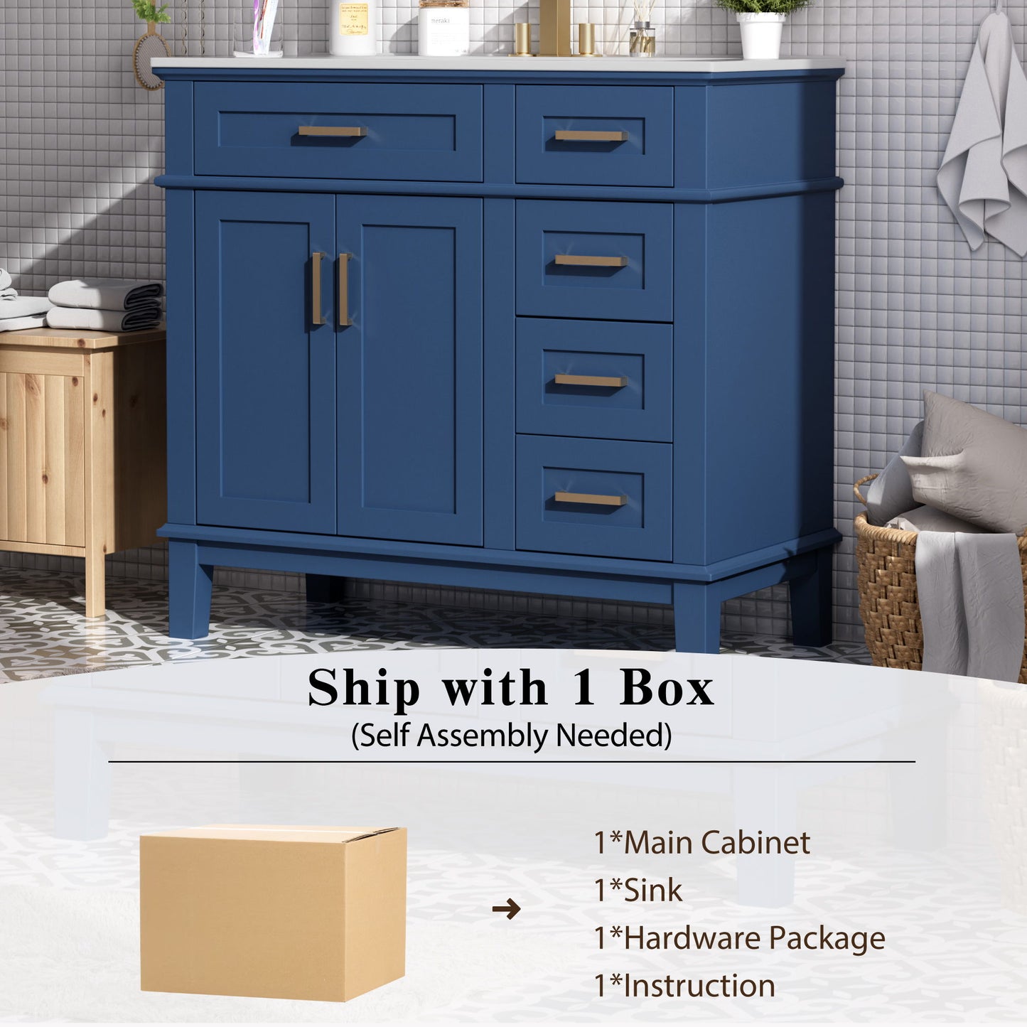 Bathroom Vanity With Ceramic Sink, Soft-Close Doors, 4 Storage Drawers - Blue
