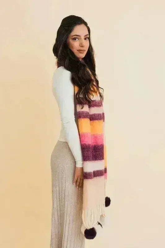 Chunky Pom Tassel Color Stripes Scarf – Bold Striped Scraf